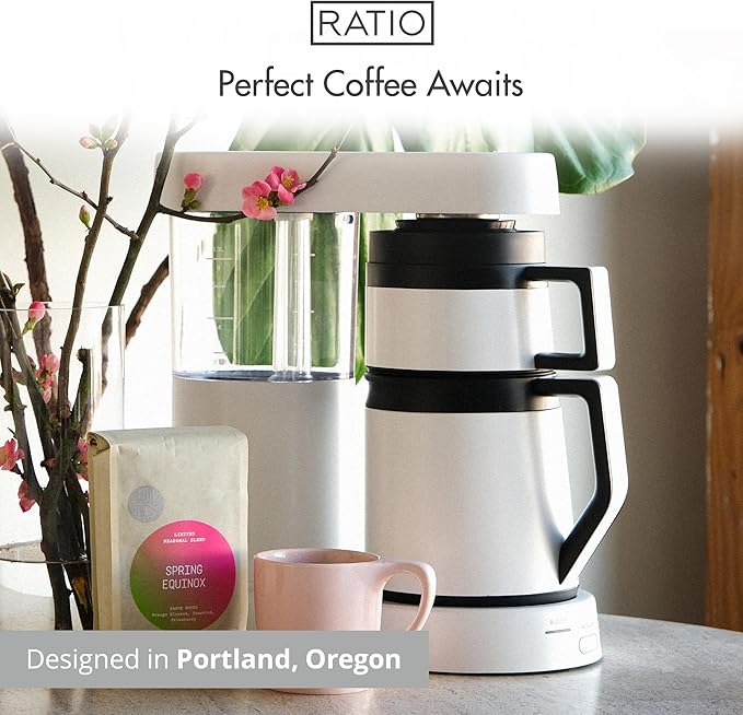 Ratio Six Coffee Maker Series 2, Automatic Pour Over Coffee Maker, Coffee Pot with 1.25-Liter/40-Ounce Brewing Capacity, White, Makes 2-8 Cups, 6.75" D x 13.5" W x 14.25" H