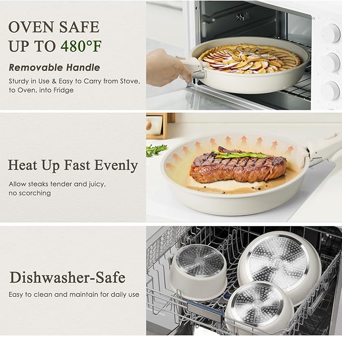 KIKCOIN 7 Pcs Pots and Pans Set Non Stick, Kitchen Cookware Set with 2 Detachable Handles &2 Lids, Non Toxic Induction RV Cooking Set with Removable Hand   les, Dishwasher/Oven Safe, Apartment Essentials