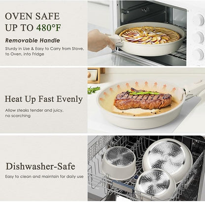 KIKCOIN 7 Pcs Pots and Pans Set Non Stick, Kitchen Cookware Set with 2 Detachable Handles &2 Lids, Non Toxic Induction RV Cooking Set with Removable Hand   les, Dishwasher/Oven Safe, Apartment Essentials