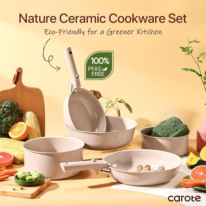 CAROTE Ceramic Cookware Sets, Pots and Pans Set Non Stick Non Toxic, Induction Cookware, Kitchen Cookware Sets, Pots Set for Healthy Coooking 15PCS, Taupe