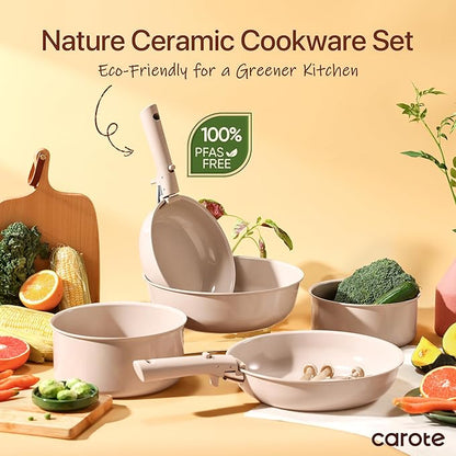 CAROTE Ceramic Cookware Sets, Pots and Pans Set Non Stick Non Toxic, Induction Cookware, Kitchen Cookware Sets, Pots Set for Healthy Coooking 15PCS, Taupe