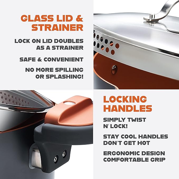 GOTHAM STEEL 5 Qt Ceramic Stock Pot Multipurpose Pasta Pot with Strainer Lid & Twist and           Lock Handles, Nonstick Ceramic for Soup, Spaghetti, Rice, Pots for Kitchen, Dishwasher Safe - Copper