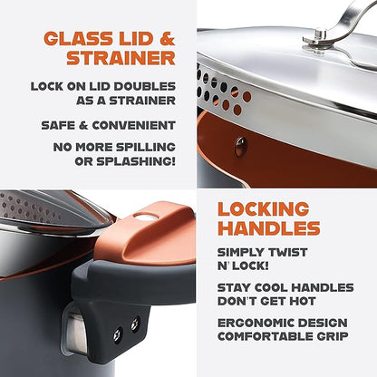 GOTHAM STEEL 5 Qt Ceramic Stock Pot Multipurpose Pasta Pot with Strainer Lid & Twist and           Lock Handles, Nonstick Ceramic for Soup, Spaghetti, Rice, Pots for Kitchen, Dishwasher Safe - Copper