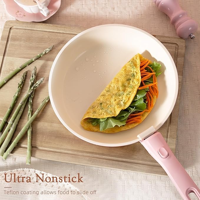 Astercook 21 Pcs Pots and Pans Set Non Stick, Ceramic Cookware Set Detachable Handle, RV Kitchen Cooking Set Removable Handles, Oven Safe, Induction Ready, Stackable Non-stick Set, Pink