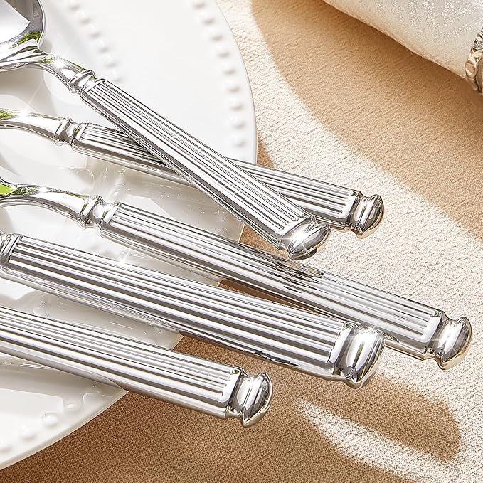 KINGSTONE Silverware Set for 12, 18/10 Stainless Steel Flatware Set Cutlery Set with Roman Column Style Thick Handle, Ideal for Family, Restaurant, Weddings, Parties and Gifts, Dishwasher Safe