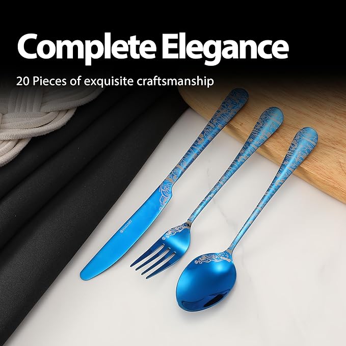 Blue Wave Cutlery Set 20 Pieces Stainless Steel Flatware Set Service for 4 Utensils For Home Kitchen Wedding Laser Engraved Dishwasher Safe All Blue