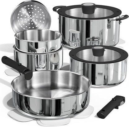 CAROTE 14pcs Pots and Pans Set, Stainless Steel Cookware Set Detachable Handle, Induction Kitchen Cookware Sets with Removable Handle, RV Cookware Set, Oven Safe, Camping Cookware, Black