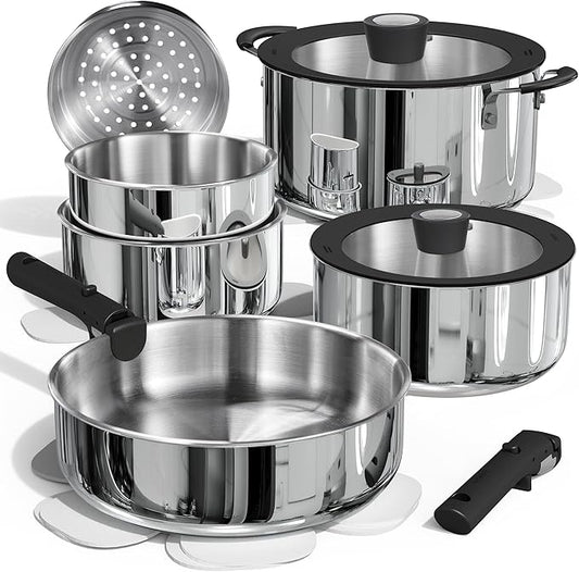 CAROTE 14pcs Pots and Pans Set, Stainless Steel Cookware Set Detachable Handle, Induction Kitchen Cookware Sets with Removable Handle, RV Cookware Set, Oven Safe, Camping Cookware, Black