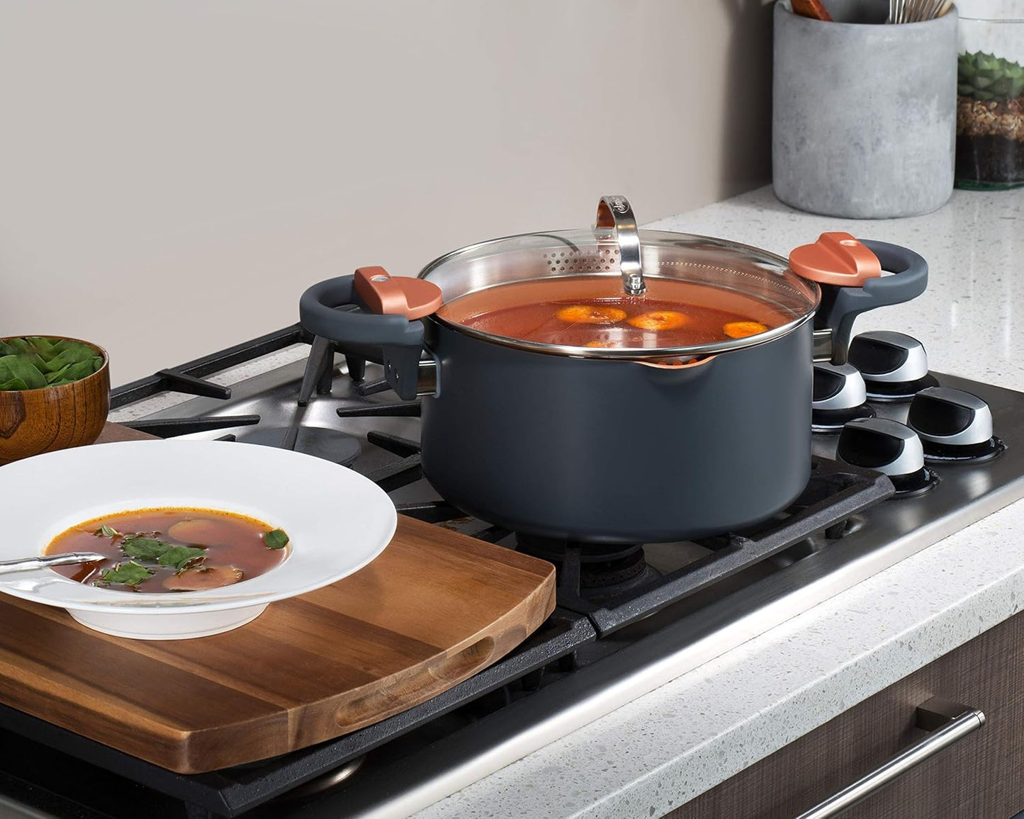 GOTHAM STEEL 5 Qt Ceramic Stock Pot Multipurpose Pasta Pot with Strainer Lid & Twist and           Lock Handles, Nonstick Ceramic for Soup, Spaghetti, Rice, Pots for Kitchen, Dishwasher Safe - Copper