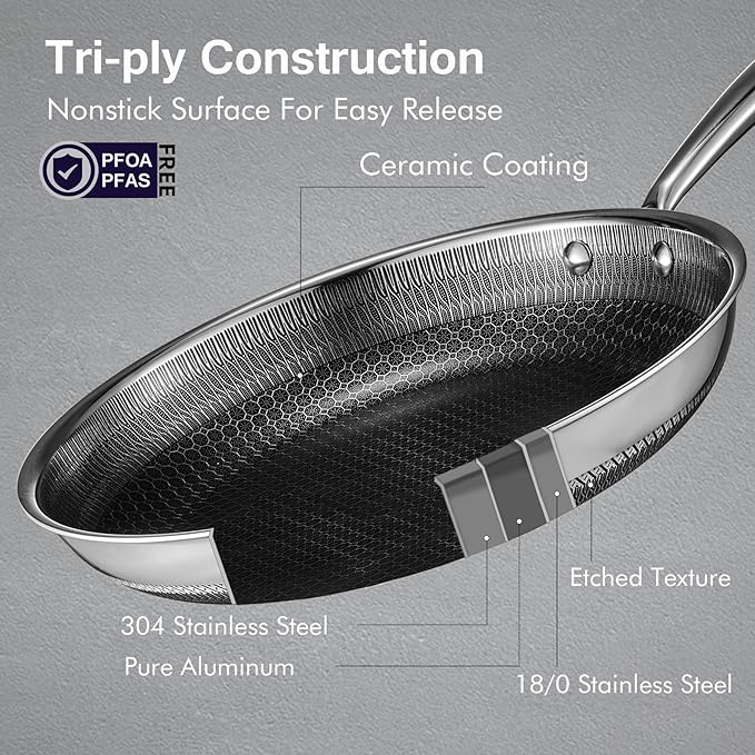 Hybrid Stainless Steel Pots and Pans Set, 15 Piece Tri-play Nonstick Cookware Sets Non-toxic Frying Pans, Saucepans, Saute Pan with Tempered Glass Lids, Stay-Cool Handles Induction, Oven, Dishwasher