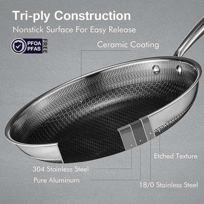 Hybrid Stainless Steel Pots and Pans Set, 15 Piece Tri-play Nonstick Cookware Sets Non-toxic Frying Pans, Saucepans, Saute Pan with Tempered Glass Lids, Stay-Cool Handles Induction, Oven, Dishwasher