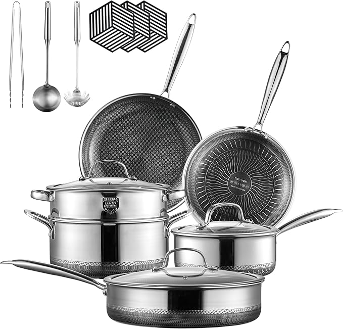Hybrid Stainless Steel Pots and Pans Set, 15 Piece Tri-play Nonstick Cookware Sets Non-toxic Frying Pans, Saucepans, Saute Pan with Tempered Glass Lids, Stay-Cool Handles Induction, Oven, Dishwasher
