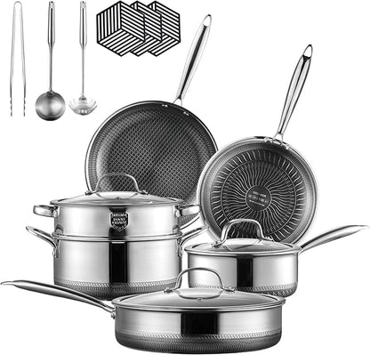 Hybrid Stainless Steel Pots and Pans Set, 15 Piece Tri-play Nonstick Cookware Sets Non-toxic Frying Pans, Saucepans, Saute Pan with Tempered Glass Lids, Stay-Cool Handles Induction, Oven, Dishwasher