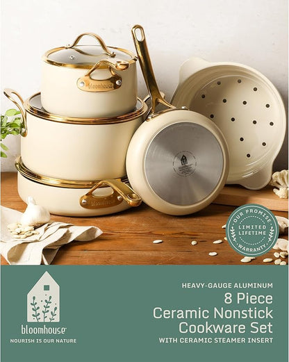 Oprah's Favorite Things - 8 Piece Pots and Pans Heavy Duty Aluminum Premium PFA Free Ceramic Nonstick Dutch Oven Pot w/Lid - Almond Cream w/Gold Handle