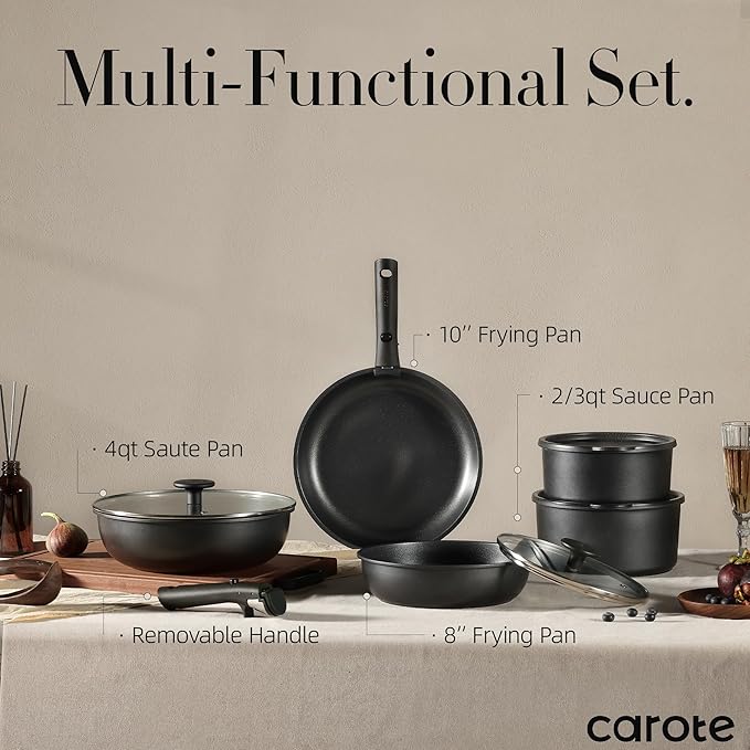 CAROTE Pots and Pans Set Non Stick, Cookware Set Detachable Handle, Nonstick Induction Kitchen Sets Non Stick with Removable Handle, RV Cook Ware, Oven Safe, Black