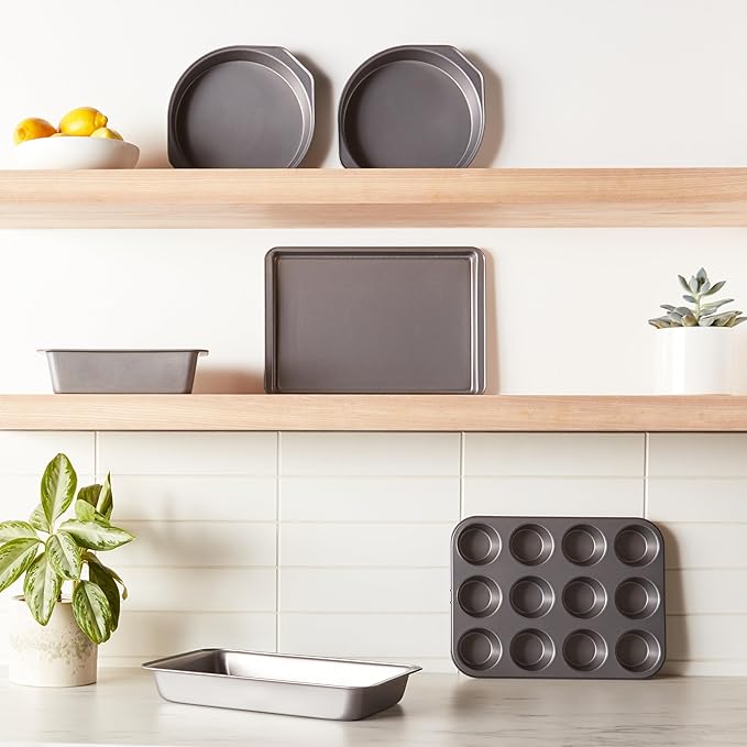 Basics 6 Piece Nonstick, Carbon Steel Oven Safe Bakeware Set with Cake, Muffin, Cookie, and Loaf Pans, 6 Piece, 16.25 x 11.75 x 6.25 inches