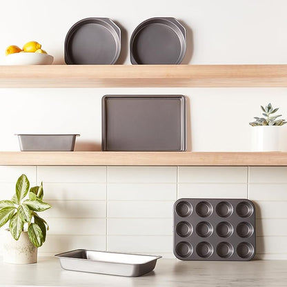 Basics 6 Piece Nonstick, Carbon Steel Oven Safe Bakeware Set with Cake, Muffin, Cookie, and Loaf Pans, 6 Piece, 16.25 x 11.75 x 6.25 inches