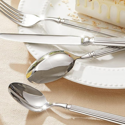 KINGSTONE Silverware Set for 12, 18/10 Stainless Steel Flatware Set Cutlery Set with Roman Column Style Thick Handle, Ideal for Family, Restaurant, Weddings, Parties and Gifts, Dishwasher Safe