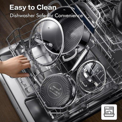 Hybrid Stainless Steel Pots and Pans Set, 15 Piece Tri-play Nonstick Cookware Sets Non-toxic Frying Pans, Saucepans, Saute Pan with Tempered Glass Lids, Stay-Cool Handles Induction, Oven, Dishwasher