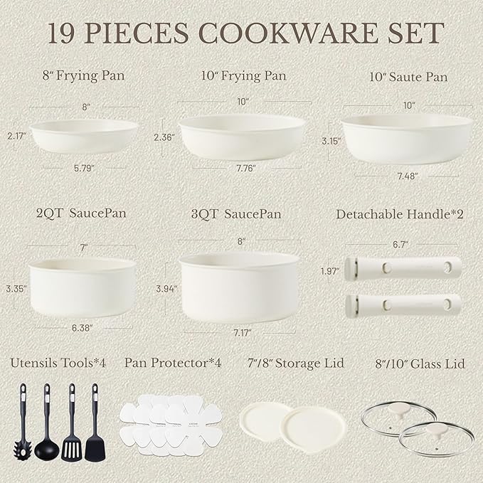 CAROTE 19pcs Pots and Pans Set Non Stick, Cookware Sets, Kitchen Set, Oven/Fridge Safe, Space Saving Pots Set, Nonstick Cooking Set with Versatile Detachable Handle, Induction RV Set, Cream White