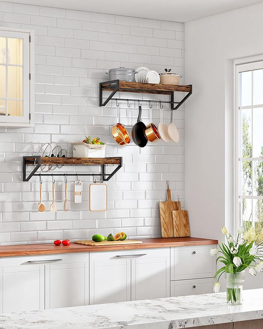 Wall-Mounted Pot Lid Racks Set of 2, with Pot Rack and Lid Organizer, Kitchen Cookware Organizer with 12 S-Shaped Hooks, for Pot, Pan and Lid Storage, Rustic Brown and Black TPR36BF