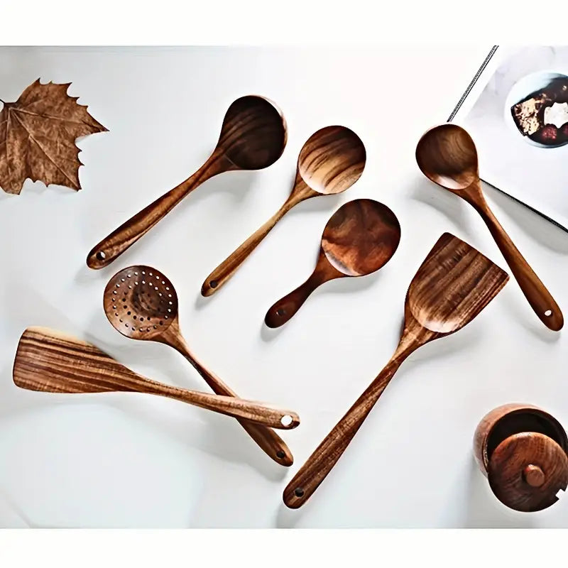 7-Piece Natural Teak Wooden Spoons for Cooking Set-4