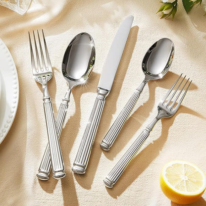 KINGSTONE Silverware Set for 12, 18/10 Stainless Steel Flatware Set Cutlery Set with Roman Column Style Thick Handle, Ideal for Family, Restaurant, Weddings, Parties and Gifts, Dishwasher Safe