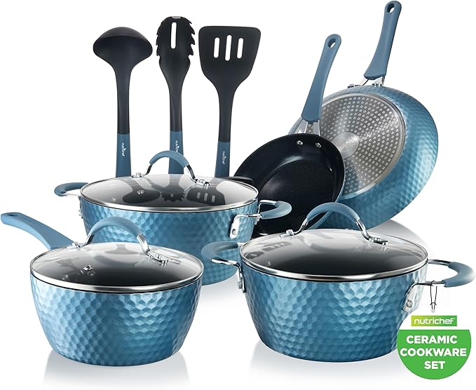 NutriChef 11 Pc Pots and Pans Set Non Stick Cookware with Ceramic Coating, Ergonomic Handles, Induction Ready, Includes Saucepan, Dutch Oven, Large & Small Fry Pans, Royal Blue