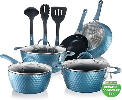 NutriChef 11 Pc Pots and Pans Set Non Stick Cookware with Ceramic Coating, Ergonomic Handles, Induction Ready, Includes Saucepan, Dutch Oven, Large & Small Fry Pans, Royal Blue