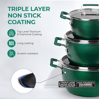 Granitestone Green Pots and Pans Set Nonstick, 6 Stackable Piece Cooking Pots Set, Kitchen Pots, Non Stick Coating, 5qt 3qt & 1.5qt Pots with Lids, Stay Cool Handles Dishwasher Safe 100% Toxin Free