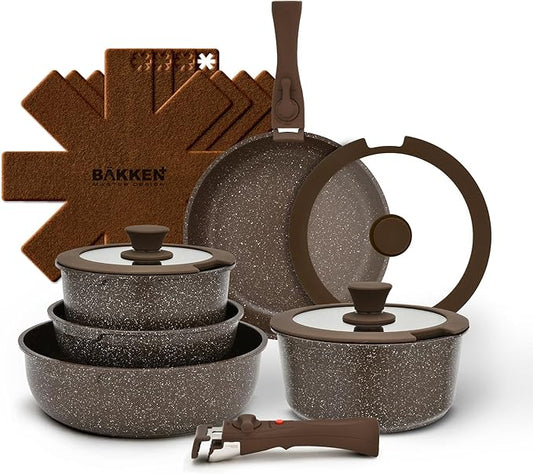 Kitchen Cookware Set - Nonstick Granite Coating, Pots and Pans with Handles and Tempered Glass Lids, PFOA, PFOS, PTFE Free, Ceramic Max Temperature (Up To 500° F), Set of 15 - Dark Gray