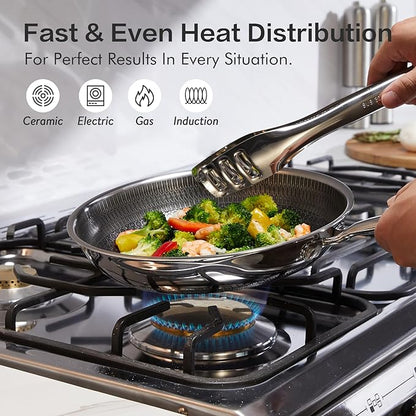 Hybrid Stainless Steel Pots and Pans Set, 15 Piece Tri-play Nonstick Cookware Sets Non-toxic Frying Pans, Saucepans, Saute Pan with Tempered Glass Lids, Stay-Cool Handles Induction, Oven, Dishwasher