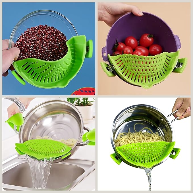 Clip on Strainer Silicone with 1 Pair Silicone Glove | Versatile for All Pans and Pots,Pasta Noodle Pot Strainer Silicone for Vegetables Meat Fruit,Food Strainers(Green)