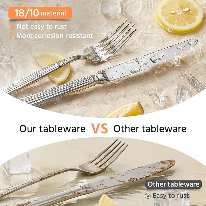 KINGSTONE Silverware Set for 12, 18/10 Stainless Steel Flatware Set Cutlery Set with Roman Column Style Thick Handle, Ideal for Family, Restaurant, Weddings, Parties and Gifts, Dishwasher Safe