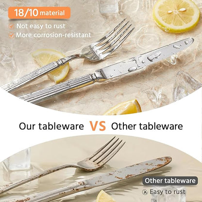 KINGSTONE Silverware Set for 12, 18/10 Stainless Steel Flatware Set Cutlery Set with Roman Column Style Thick Handle, Ideal for Family, Restaurant, Weddings, Parties and Gifts, Dishwasher Safe