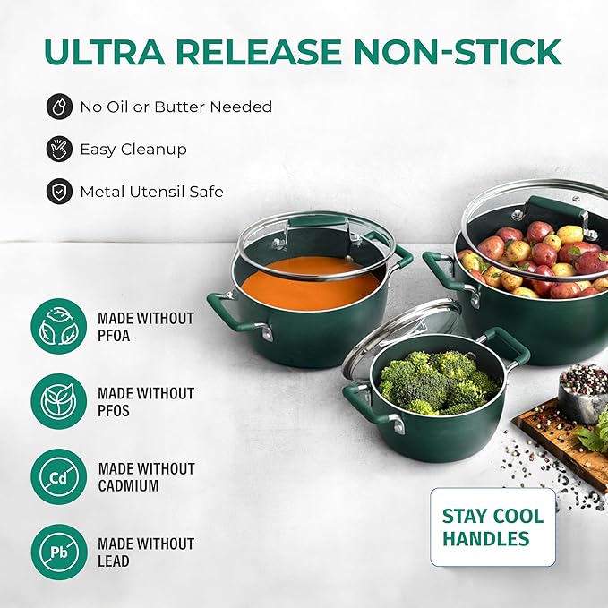Granitestone Green Pots and Pans Set Nonstick, 6 Stackable Piece Cooking Pots Set, Kitchen Pots, Non Stick Coating, 5qt 3qt & 1.5qt Pots with Lids, Stay Cool Handles Dishwasher Safe 100% Toxin Free