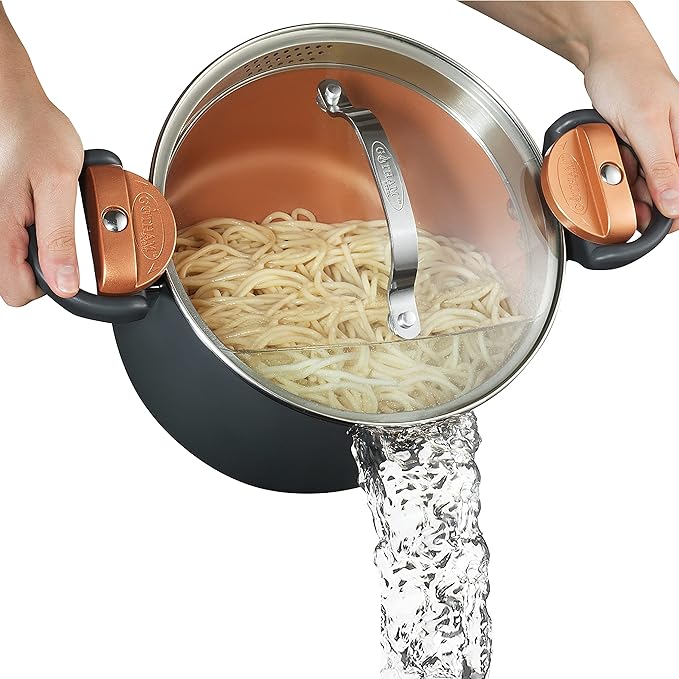 GOTHAM STEEL 5 Qt Ceramic Stock Pot Multipurpose Pasta Pot with Strainer Lid & Twist and           Lock Handles, Nonstick Ceramic for Soup, Spaghetti, Rice, Pots for Kitchen, Dishwasher Safe - Copper