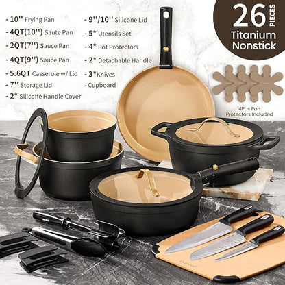CAROTE 26pcs Pots and Pans Set Non Stick with Knives and Cutting Board,Detachable Handle Titanium Nonstick Cookware Set, Pot and Pan, Dishwasher/Oven Safe, RV/Camping, Induction Kitchen, Black/Yellow