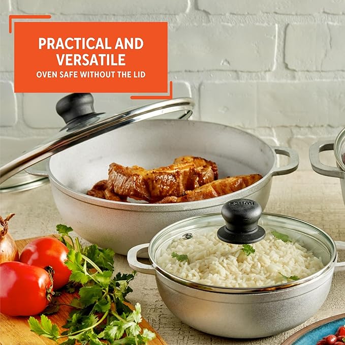 IMUSA Caldero Stock Pot with Glass Lid 3pc Set, 1.5/3.5/7 QT, Cast Aluminum, Perfect for Serving Large & Small Groups, Riveted Handles, Made in Colombia, Silver