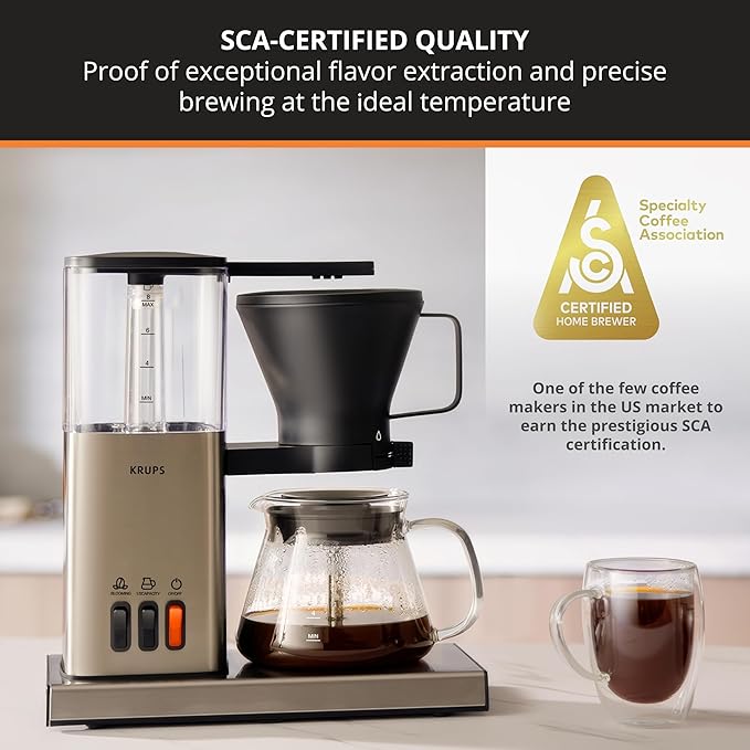 KRUPS Essential Brewer 8 Cup Drip Coffee Maker Machine SCA-Certified, Blooming Technology, Barista-Quality, Pour-Over Coffee Machine, Easy to Clean Dishwasher Safe,Stainless Steel Design, Silver