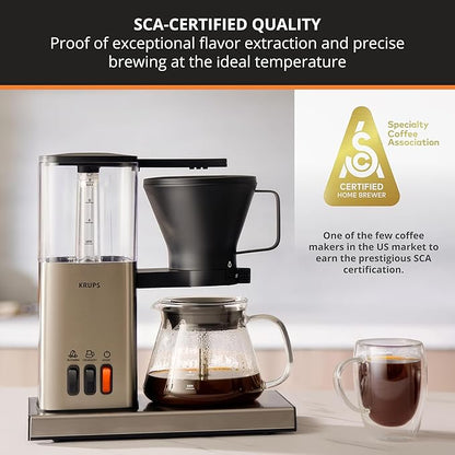 KRUPS Essential Brewer 8 Cup Drip Coffee Maker Machine SCA-Certified, Blooming Technology, Barista-Quality, Pour-Over Coffee Machine, Easy to Clean Dishwasher Safe,Stainless Steel Design, Silver