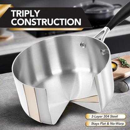 MICHELANGELO Triply Stainless Steel Saucepan Set with Strainer Lid, Heavy-duty Sauce Pan with Lid, Multipurpose Sauce Pot Induction Compatible - 1QT & 2QT & 3QT