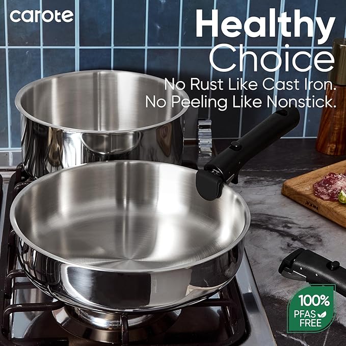 CAROTE 14pcs Pots and Pans Set, Stainless Steel Cookware Set Detachable Handle, Induction Kitchen Cookware Sets with Removable Handle, RV Cookware Set, Oven Safe, Camping Cookware, Black