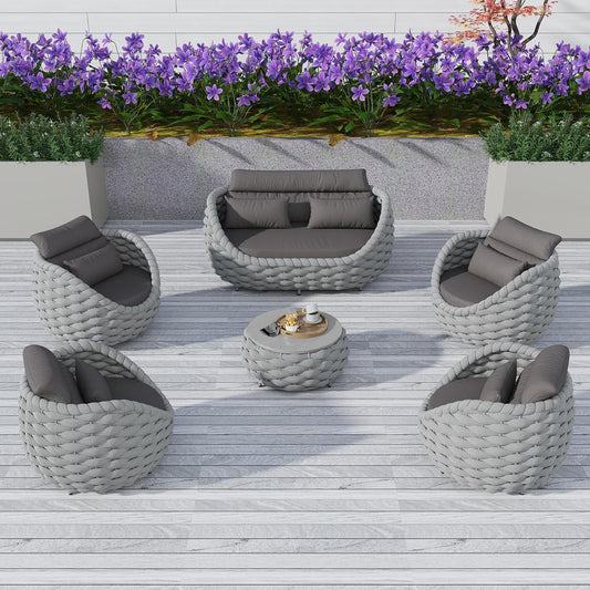 Aluminum Outdoor Patio Furniture Set with Coffee Table, 6 Piece Patio Conversation Sets with Washable Cushions Covers, Patio Sectional Furniture Set for Porch, Balcony, Deck, Yard-0