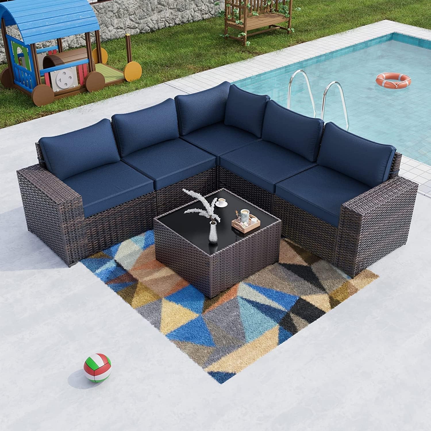 6PCS Outdoor Patio Furniture Set PE Wicker Rattan Sectional Sofa Patio Conversation Sets,Navy Blue-0