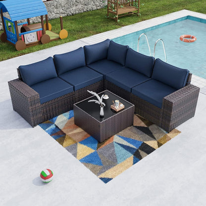 6PCS Outdoor Patio Furniture Set PE Wicker Rattan Sectional Sofa Patio Conversation Sets,Navy Blue-0