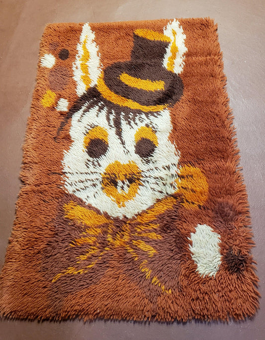 2x3 Rya Shag Rug Mid-Century Modern Danish Shag Rug 1960s Accent Rug Bunny Rabbit in Hat Dark Orange Small Shag Rug-0