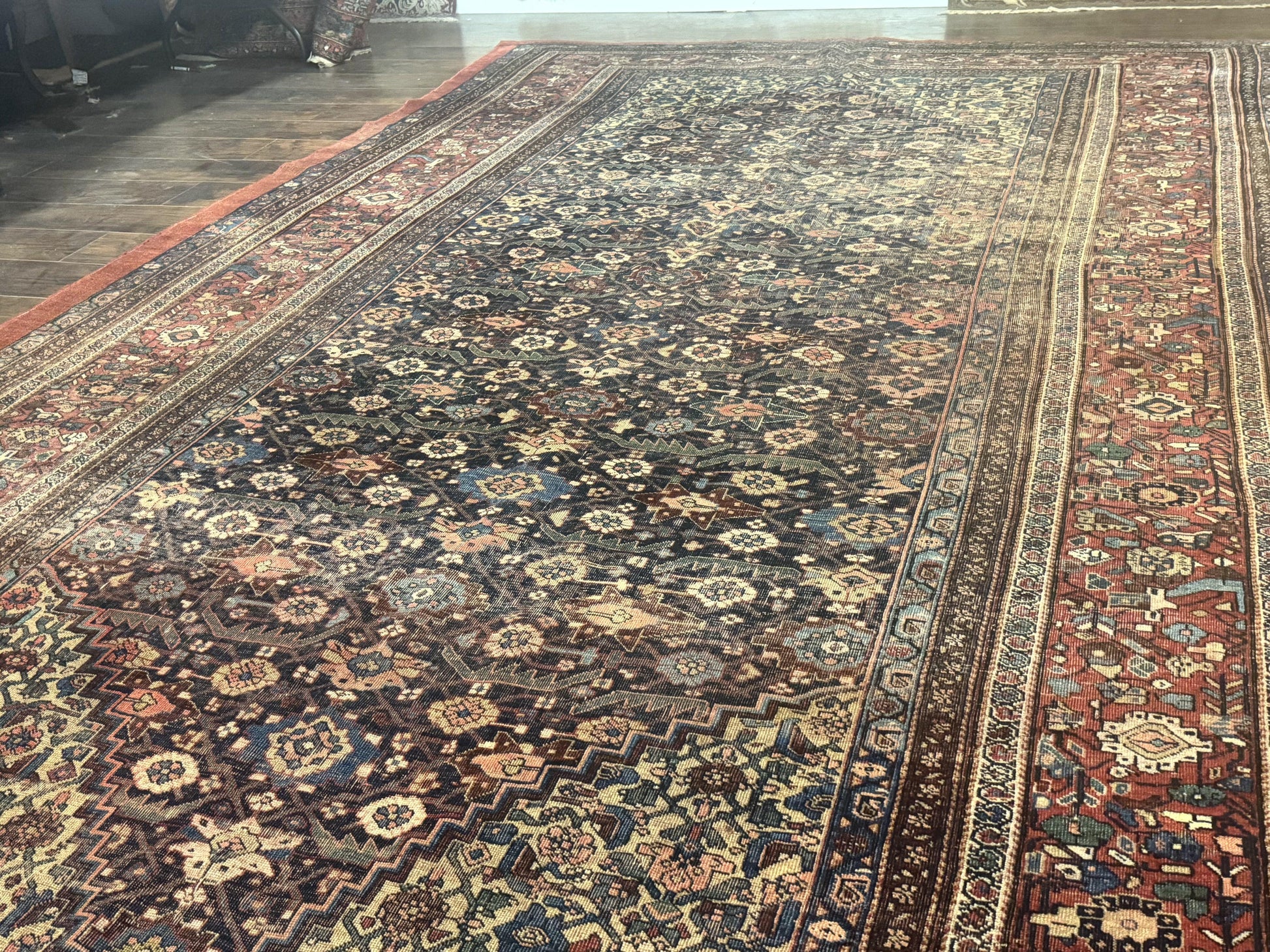 Antique Persian Bidjar Rug 8x15 – Navy Blue, Herati Pattern, Early 20th Century-1