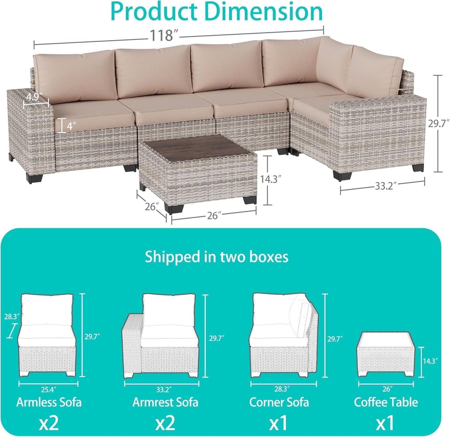 6-Piece Outdoor Patio Furniture Set Wicker Sectional Sofa Set, Patio Conversation Set with Thickened Cushions & Coffee Table for Garden, Backyard, Poolside, Beige