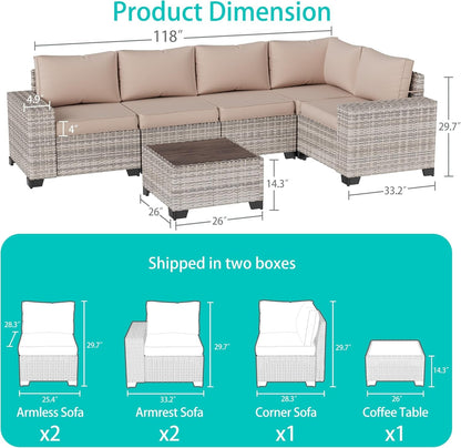 6-Piece Outdoor Patio Furniture Set Wicker Sectional Sofa Set, Patio Conversation Set with Thickened Cushions & Coffee Table for Garden, Backyard, Poolside, Beige
